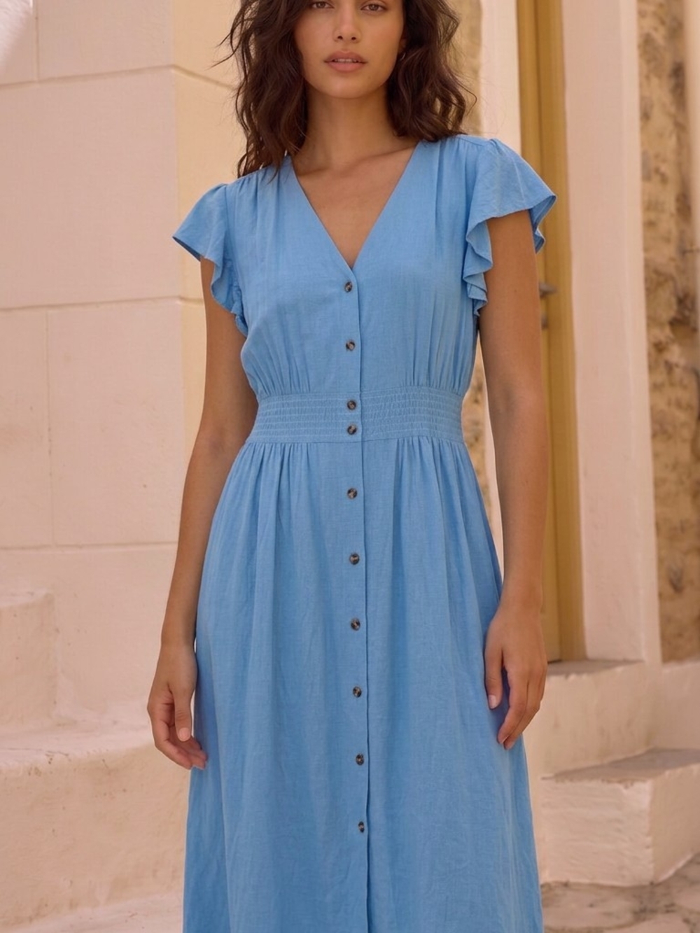 She + Sky Sky Blue Button-Front V-Neck Midi Dress